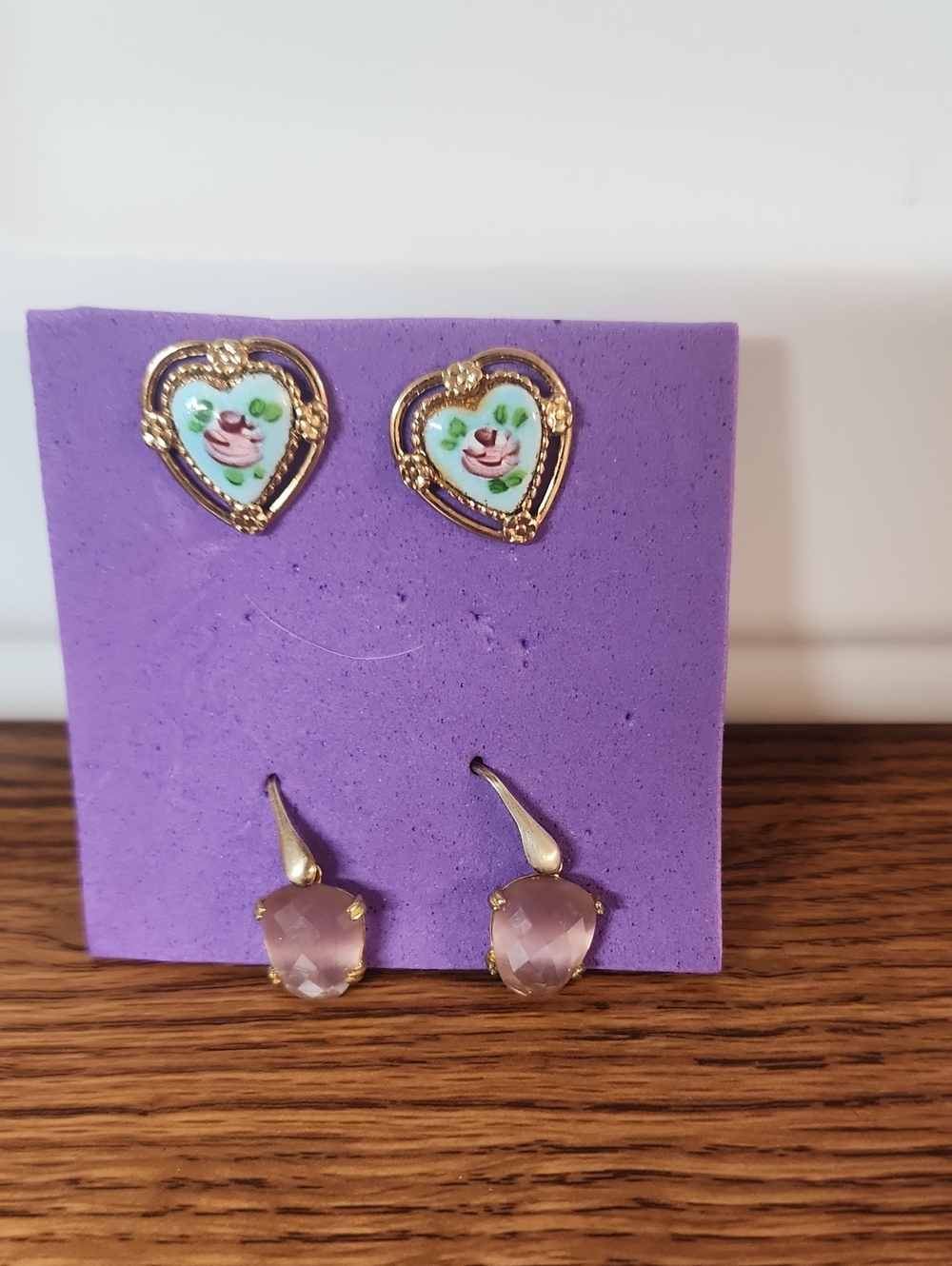 Gold Heart Floral Pink Enamel and Rose Quartz Drop Earrings - Women Jewelry